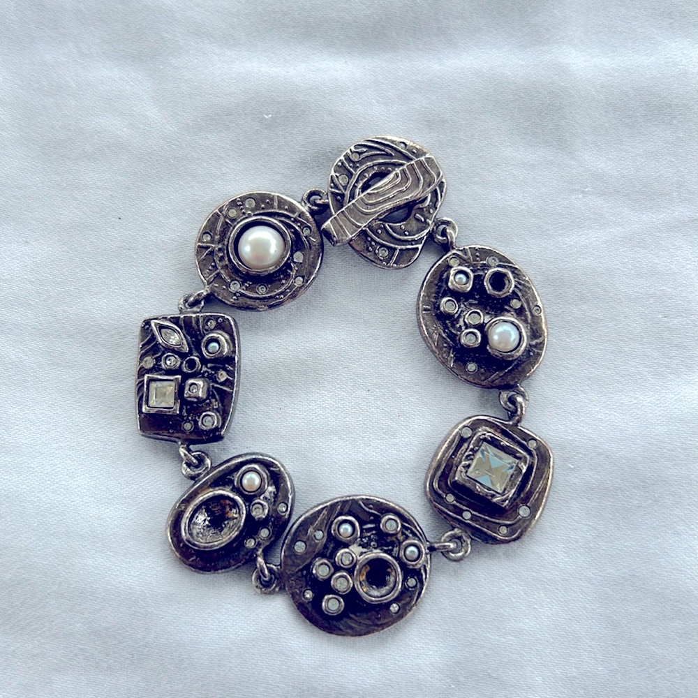 Vintage Patricia Locke Silver Plated Crystal & Pearl Link Bracelet - AS IS